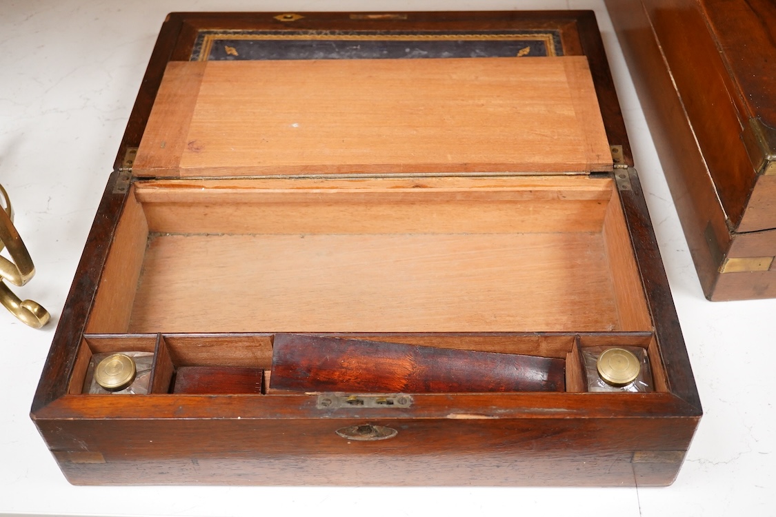 A Victorian walnut rising slope together with a rosewood writing slope